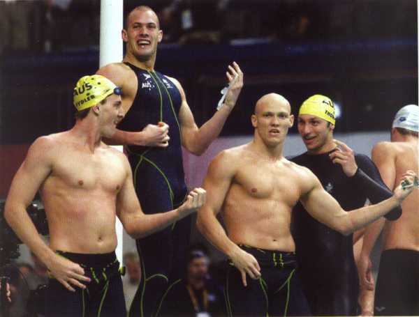 This is a pic of the 4 x 100m team after winning gold at the 2000 Sydney Olympic Games. L - R, Chris Fydler, Ashley Callus, Michael Klim and Ian Thorpe.